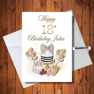 Carte d'anniversaire personnalisée, pour fille ou femme, gâteau d'anniversaire rose et or, carte de visite personnalisée, carte numérique imprimable