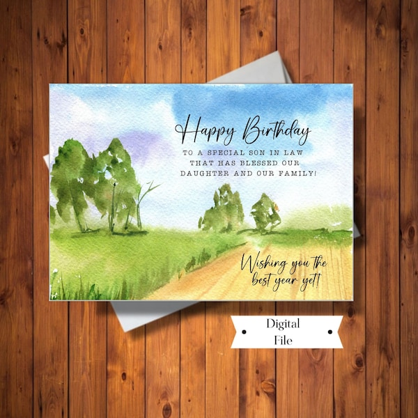 Birthday Card for Son In Law, Special Son In Law, Nature Scene Birthday Card,  Watercolor Look,  Digital Card, Instant Download