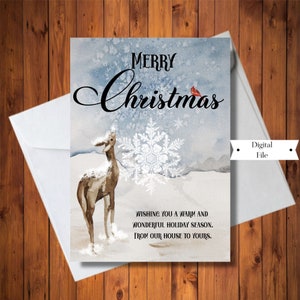 Carte de Noël, Joyeux Noël de notre maison à la vôtre, Carte de cerf, Carte de scène d’hiver, Téléchargement instantané numérique