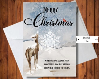 Christmas Card, Merry Christmas From Our House to Yours, Deer Card, Winter Scene Card, Digital Instant Download