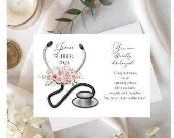 Stethoscope Floral Retirement Card, Personalized Medical Staff Gift (Digital Card)