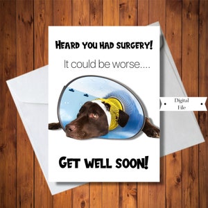 Carte drôle de chirurgie/opération, chien dans la tête conique, carte drôle de rétablissement, carte de rétablissement bientôt, carte d'accident, carte numérique, téléchargement immédiat