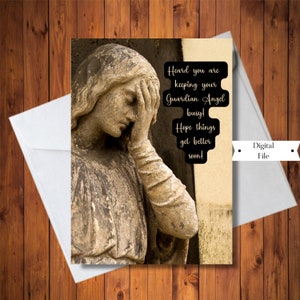 Je pense à toi carte, ange gardien est occupé, Get Well Soon Card, Hang in There Card, Digital Instant Download