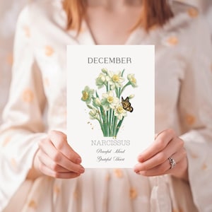 Bloemen verjaardagskaart, bloemenkaart geboorte december, narciskaart, voor vrouw, instant download
