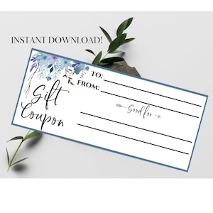 Geschenk Coupon, ich schulde Ihnen Karte, blaue Blumen Geschenk Coupon Karten, Geburtstag Coupon, Abschluss Coupon, Geschenkkarte, gut für Karte, Sofortiger Download
