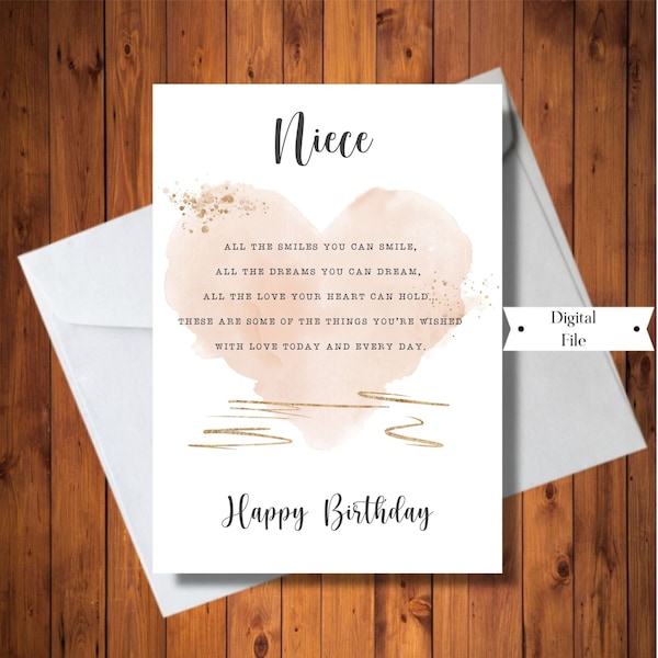 Birthday Card For Niece, For Teenager, For Woman, Special Niece, Watercolour Heart,  Digital Card, Instant Download