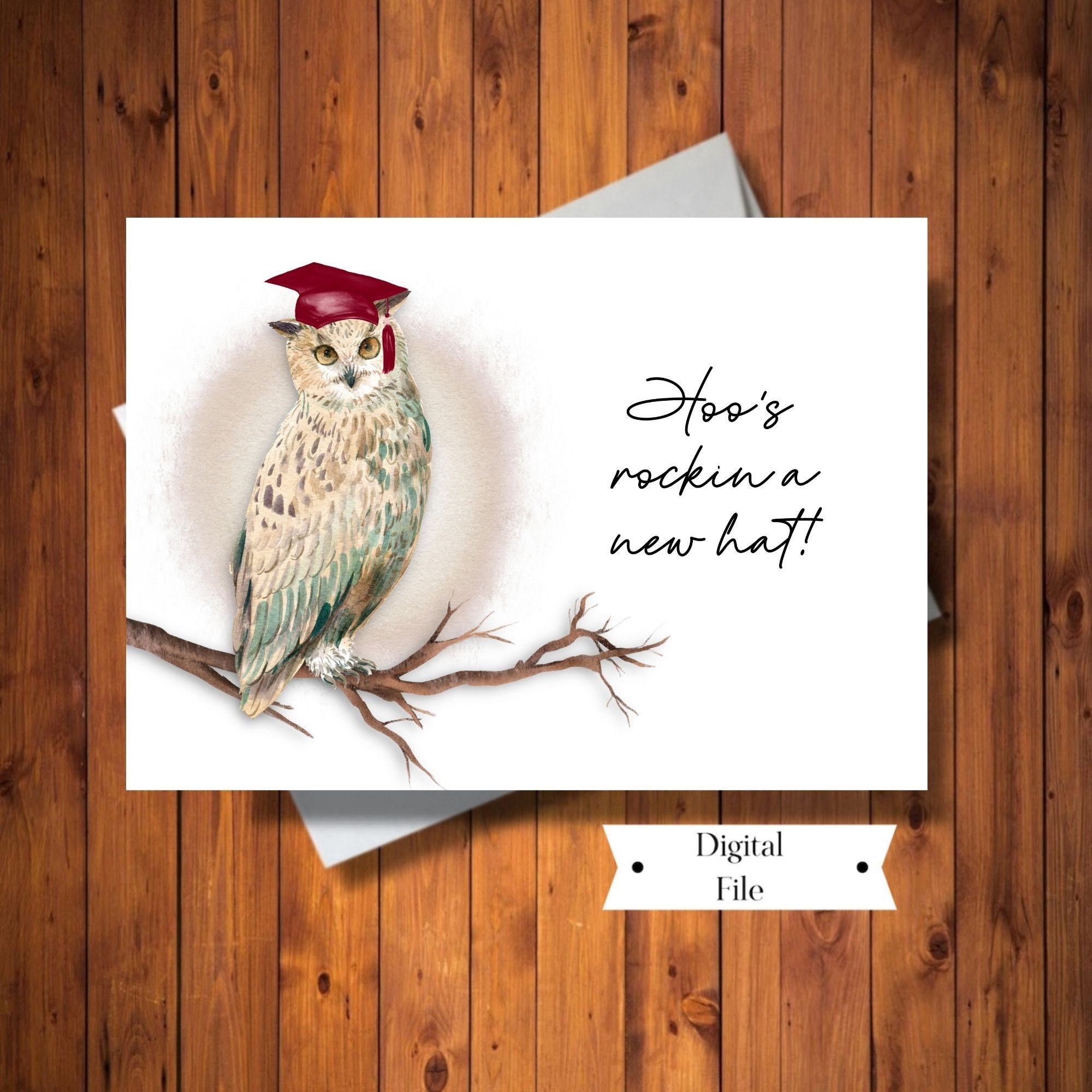 Grappige uil afstudeerkaart, Hoo's Rockin een nieuwe hoed afstudeerkaart, afstuderen afdrukbaar, INSTANT DOWNLOAD