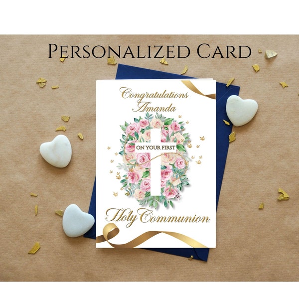 Personalized First Communion Card, Congratulations on Your First Communion, Cross with Flowers,  Card Printable, Digital Card