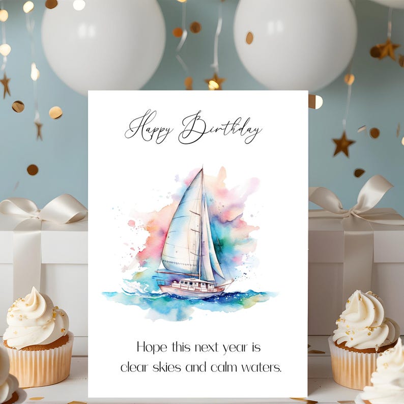 Sailboat Birthday Card, Nautical Theme, Clear Sailing, Calm Waters ...