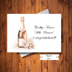 Tarjeta de Jubilación, Tarjeta de Felicitación Champagne, Adiós Tensión, Hola Pensión, Archivo Digital, Descarga Instantánea