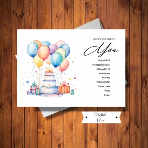 Geburtstagskarte für einen besonderen Menschen, Aquarell Ballons Karte, Hashtag Sentiment Karte, Mädchen, Teenager, Frau, Nichte, Digitaler SOFORT-DOWNLOAD