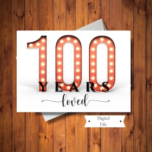 Tarjeta de cumpleaños número 100, 100 años amado, para hombre o mujer, tarjeta imprimible de números de marca, archivo digital, DESCARGA INSTANTÁNEA