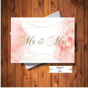 Félicitations à la nouvelle carte de voeux M. et Mme, carte aquarelle rose et or, carte de mariage chic, carte numérique, téléchargement immédiat