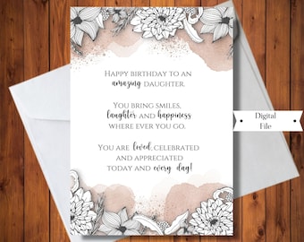 Beautiful Birthday Greeting Card for Daughter, Amazing Daughter, Floral Watercolor Digital Card, Instant Download