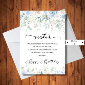 Cartão de aniversário para irmã incrível, cartão de melhor amiga da irmã, floral azul, digital DOWNLOAD INSTANTÂNEO