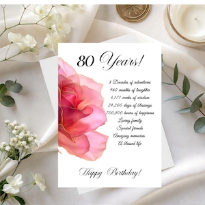 Tarjeta de cumpleaños número 80, datos curiosos sobre flores, feliz cumpleaños (descarga digital)
