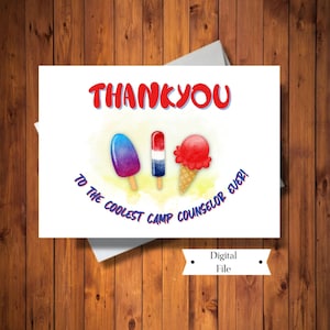 Tarjeta imprimible del último día de campamento, nota de agradecimiento para el campamento de verano, agradecimiento para el consejero, tarjetero de regalo, tarjeta digital, descarga instantánea