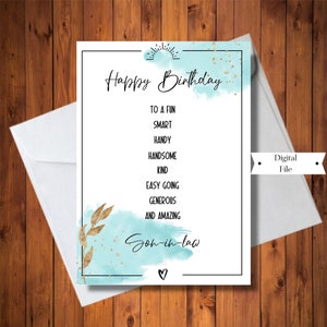 Verjaardagskaart voor schoonzoon, speciale schoonzoon, slim, vriendelijk, geweldige schoonzoon, aquarel, digitale kaart, Instant Download