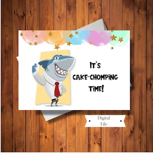 Carte d'anniversaire drôle de requin, c'est le temps de manger du gâteau !, carte pour les enfants, carte d'anniversaire de requin, téléchargement instantané numérique
