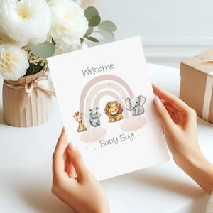 Cartão de chá de bebê para menino, cartão Safari, arco-íris, cartão digital, bem-vindo bebê menino, cartão animal, download instantâneo digital