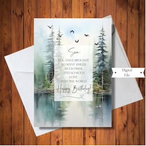 Geburtstagskarte für Sohn, du hast so viel Liebe mitgebracht, so stolz, Aquarell Wald, jedes Alter, digitale Karte, sofortiger Download