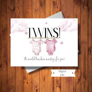 Nieuwe kaart meisje TWINS baby, roze outfits babykaart, gefeliciteerd kaart, afdrukbare babykaart, INSTANT DOWNLOAD