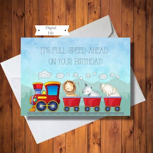 Tarjeta de cumpleaños con tren de animales de safari, tarjeta para niños, descarga digital instantánea