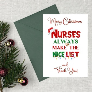 Tarjeta de Navidad de agradecimiento para enfermera, tarjeta de agradecimiento, las enfermeras siempre hacen la lista agradable, tarjeta digital, descarga instantánea
