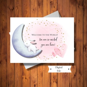 Nueva tarjeta de niña, pequeña bienvenida, conejo bebé, tarjeta de baby shower, tarjeta de felicitación, tarjeta imprimible, DESCARGA INSTANTÁNEA