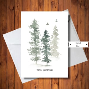 Hermosa tarjeta de agradecimiento, tarjeta de árbol de acuarela, tarjeta amante de la naturaleza, con gratitud, tarjeta de regalo, tarjeta digital, descarga instantánea