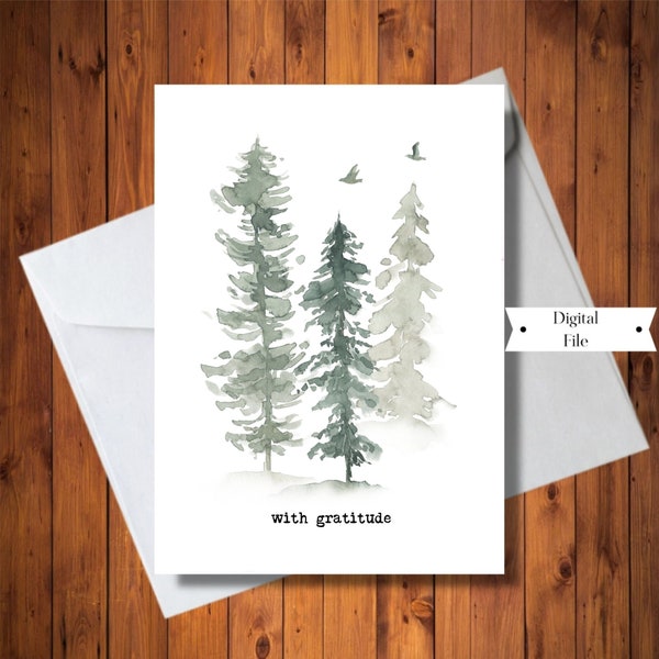 Beautiful Thank You Card, Watercolor Tree Card, Nature Lover Card,  With Gratitude, Gift Card, Digital Card, Instant Download