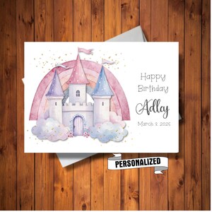 Cartão de aniversário personalizado com castelo e arco-íris, cartão personalizado com nome e idade, cartão de aniversário com castelo dos sonhos para bebê ou criança, arquivo digital SOMENTE