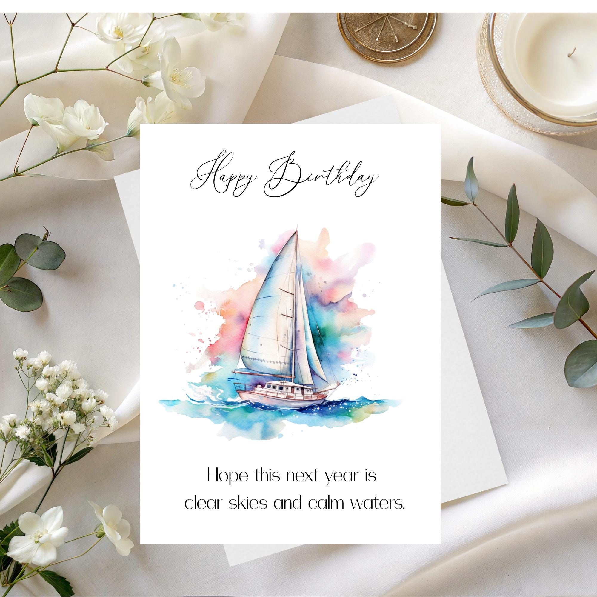 Sailboat Birthday Card, Nautical Theme, Clear Sailing, Calm Waters ...