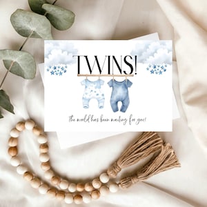 Twins Baby Boy Card, Watercolor Outfits, Printable Congratulations (INSTANT DOWNLOAD)