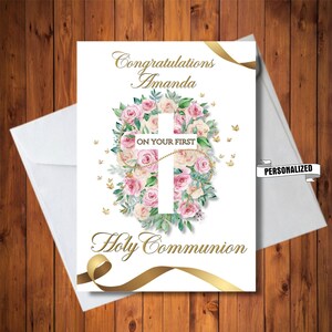 Carte personnalisée de première communion, Félicitations pour votre première communion, Croix avec des fleurs, Carte imprimable, Carte numérique