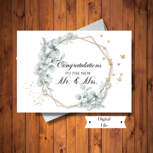 Congratulations to the New Mr. and Mrs. Greeting Card, Boho Greenery Card, Classy Wedding Card, Digital Card, Instant Download
