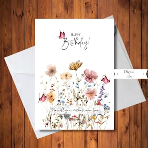 Tarjeta de cumpleaños de WildFlower, tarjeta de cumpleaños con deseos hechos realidad, descarga digital instantánea