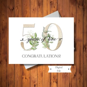 Preciosa tarjeta de aniversario de 50 años, tarjeta floral dorada para pareja, tarjeta de aniversario de oro, descarga digital instantánea