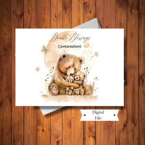 Tarjeta de nuevo bebé GEMELOS, adorable tarjeta de mamá osa y cachorros, tarjeta de felicitaciones por los gemelos, género neutro, tarjeta imprimible, DESCARGA INSTANTÁNEA