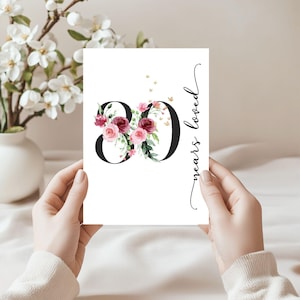Belle carte florale aimée de 80 ans, carte de 80e anniversaire, fichier numérique imprimable UNIQUEMENT