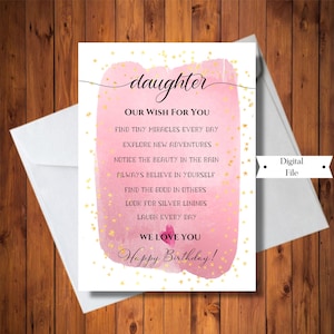 Mooie verjaardagswenskaart voor dochter, dochter onze wens voor jou, roze aquarel, digitale kaart, direct downloaden