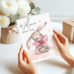 Nouvelle carte de bébé fille, carte de bébé lapin, carte de bienvenue dans le monde, carte numérique, téléchargement immédiat