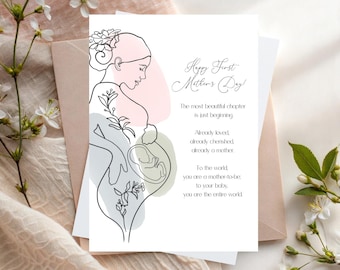 Beautiful Mother's Day Card for Pregnant First Mothers Day, Line Art, Instant Download (Digital File)