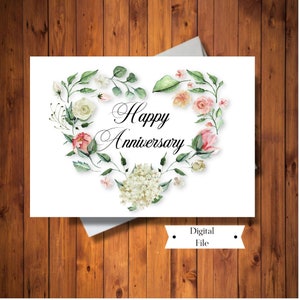 Cartão de aniversário de coração floral, floral rosa, branco e verde, cartão, cartão de aniversário para casal, download digital instantâneo