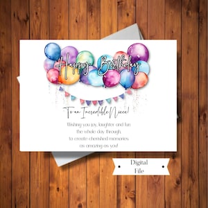 Tarjeta de cumpleaños para sobrina, para adolescente, para mujer, acuarela de globo, sobrina especial, tarjeta digital, descarga instantánea