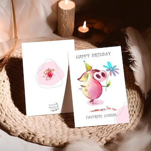 Tarjeta de cumpleaños divertida para un primo, para mi primo favorito, cerdito gracioso, tarjeta digital, descarga instantánea