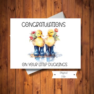 Nieuwe Baby TWINS Card, schattige eendjes babykaart, gefeliciteerd met Twins Card, jongen of meisje Twins, afdrukbare kaart, INSTANT DOWNLOAD