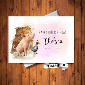 Carte d'anniversaire personnalisée de fille de ferme, nom personnalisé et carte d'âge, carte d'anniversaire de cochon et poulet doux, fichier numérique uniquement
