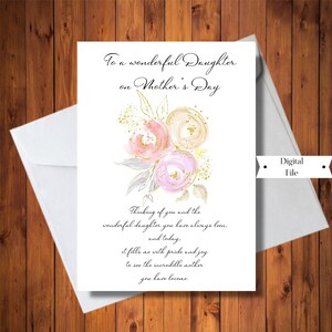 Tarjeta del Día de la Madre a la Hija, Hermosa Tarjeta Floral del Día de la Madre, Imprimible, Archivo Digital, DESCARGA INSTANTÁNEA