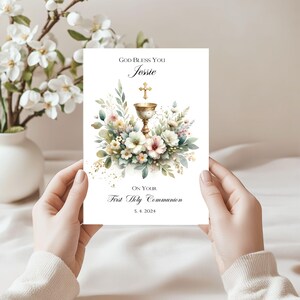 Personalisierte erste Kommunionkarte, Glückwünsche zur ersten heiligen Kommunion, Blumenkarte, druckbare, digitale Karte